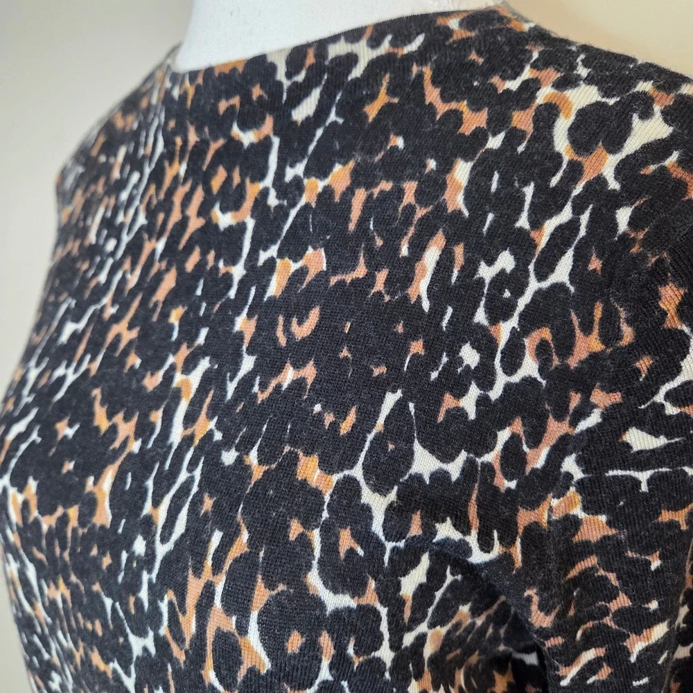 Talbots Womens Merino Wool Leopard Print Crew Neck Sweater Black Brown Large